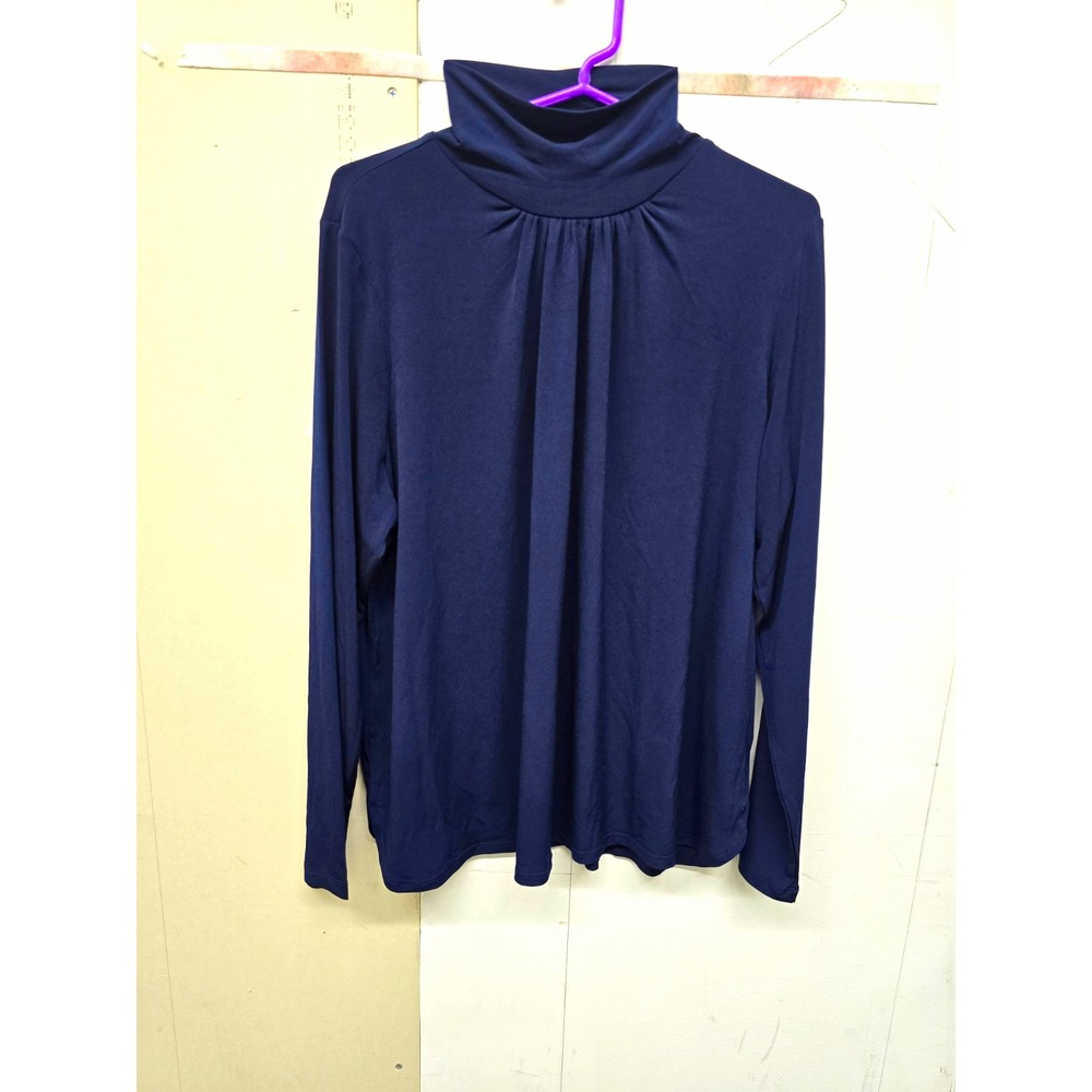 Susan Graver Blue Turtleneck Long Sleeve Knit Pullover Pleated Stretch Top L